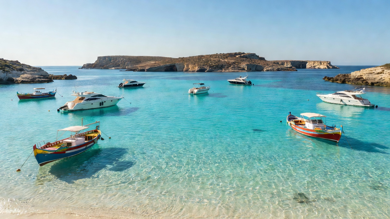 Comino Blue Lagoon azure turquoise waters with anchored leisure boats