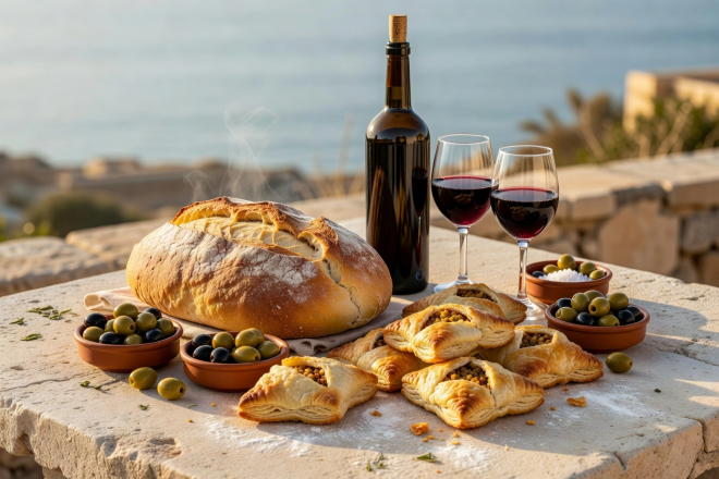 Maltese culinary dishes including fresh bread, wine, olives and pastizzi