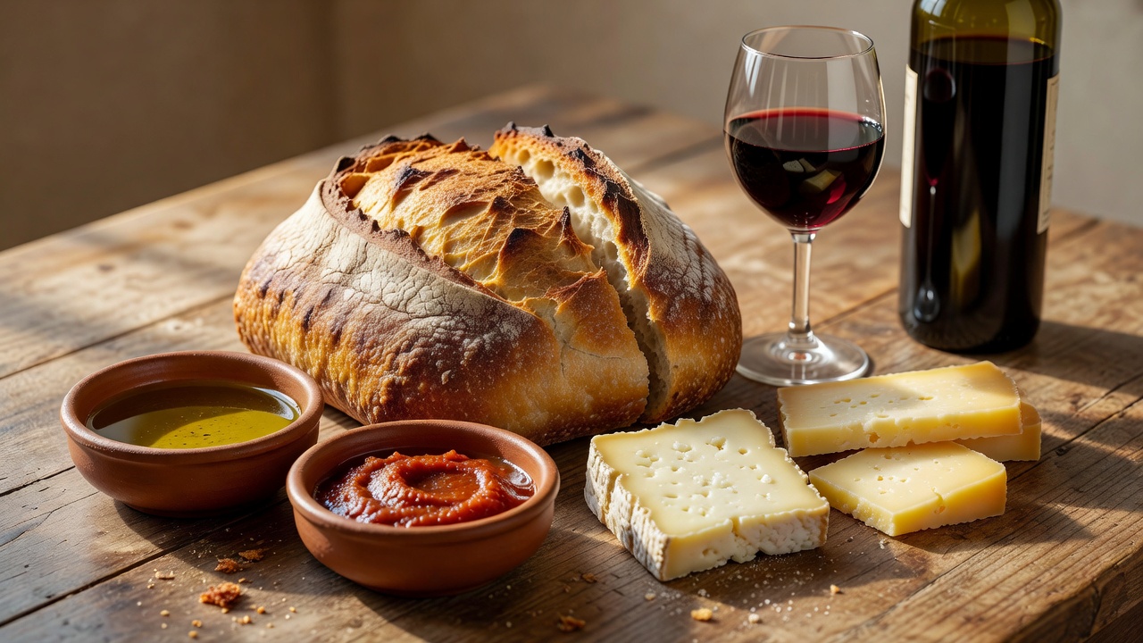 Maltese culinary meal spread with artisan sourdough bread, olive oil, tomato paste, cheese and red wine