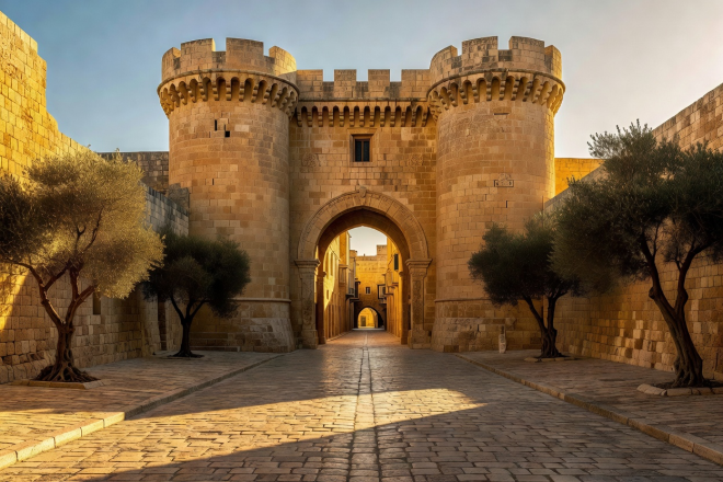 Mdina fortified medieval gate and golden limestone streets