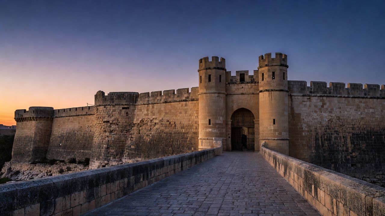 Mdina Main Gate bridge and limestone medieval walls at twilight