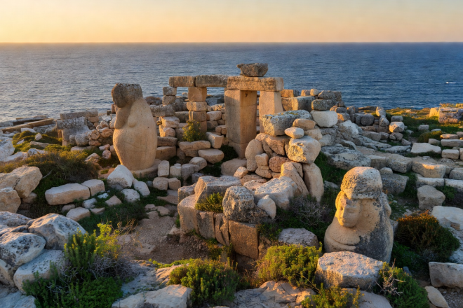 Megalithic stone temple ruins in Hagar Qim Malta overlooking the Mediterranean sea