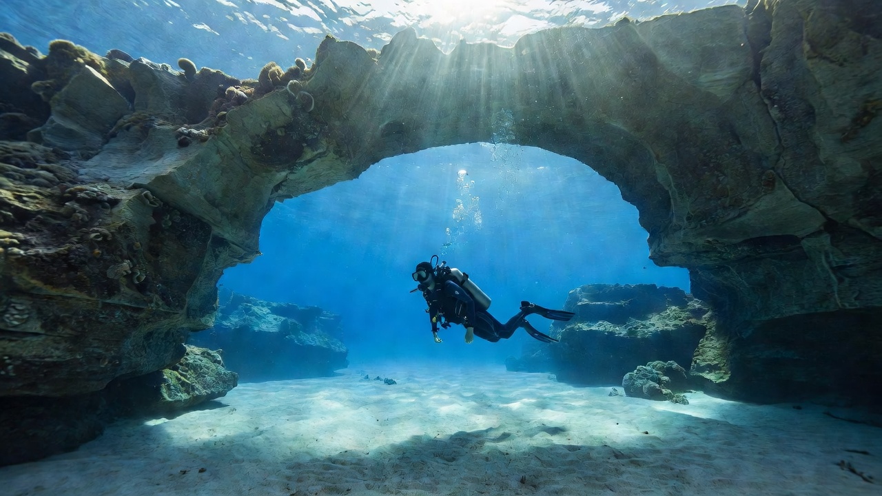 Scuba diver navigating through blue underwater sea arch in Malta with sunlight rays