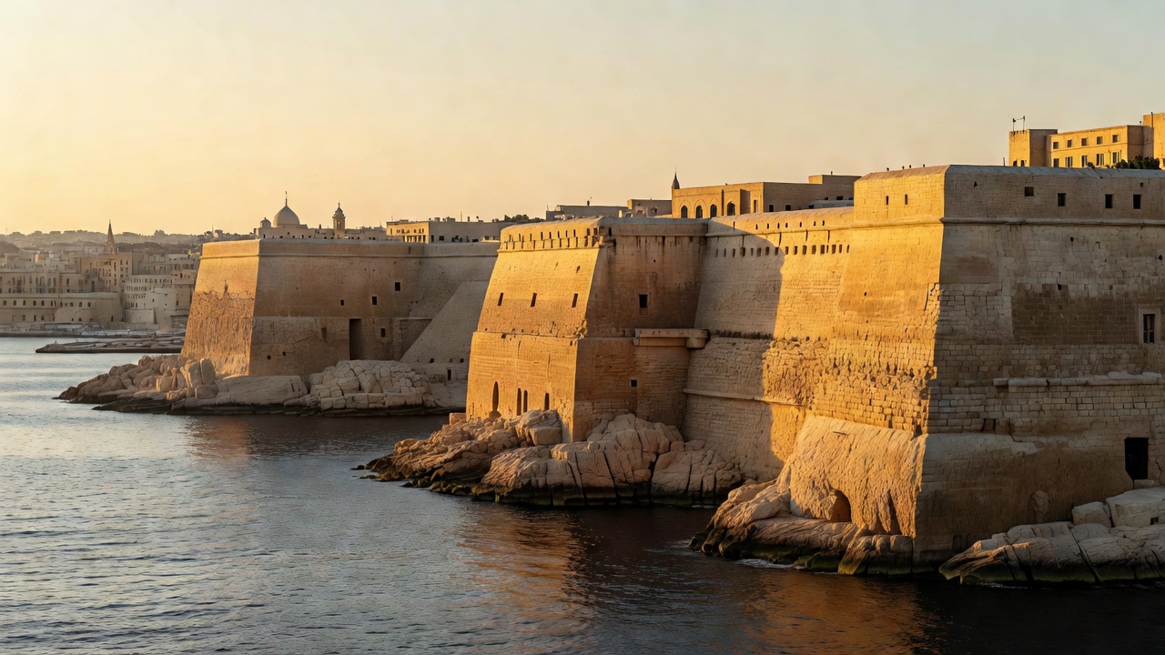 Valletta Grand Harbour panoramic bastions with warm golden limestone in late afternoon